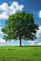 Nature Majesty, A Green Meadow with a Towering Tree Reaching Up to the Sky, Emanating a Sense of Peace and Grandeur.