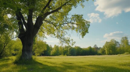Nature Majesty, A Green Meadow with a Towering Tree Reaching Up to the Sky, Emanating a Sense of Peace and Grandeur.