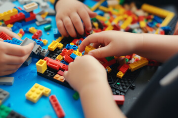 children's hands assembling constructor, close-up