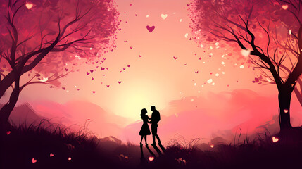 AI Generated. AI Generative. Lovely romantic love couple together with heart shape background landscape vacation. Wedding relationship vibe. Graphic Art Pro Photo,,
Valentine Interior Room with Red A
