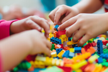 children's hands assembling Lego constructor, close-up - obrazy, fototapety, plakaty