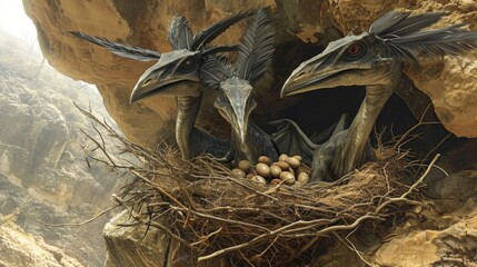 A trio of pterodactyls crafting a cozy nest on a rocky ledge using sticks and feathers to secure their eggs in place.