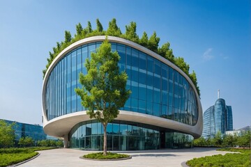 Fototapeta premium Modern office building exterior with green tree and blue sky.
