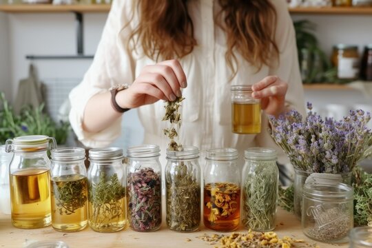 A woman preparing herbal infusions in glass jars surrounded by colorful flowers and herbs in a modern apothecary setting. - Powered by Adobe