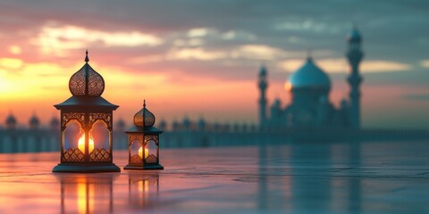 An Eid al-Fitr lantern and a small mosque, symbolizing the joyous celebration of the Islamic holiday.