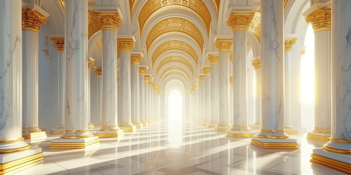 A digitally rendered image depicting a corridor with white pillars adorned in gold, creating an elegant background.