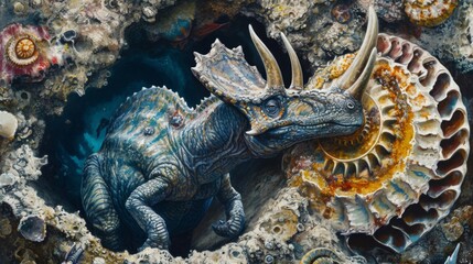 Fototapeta na wymiar A peaceful coexistence between a triceratopslike dinosaur and a mive ammonite both taking shelter in the crevices of a stunningly intricate reef structure.