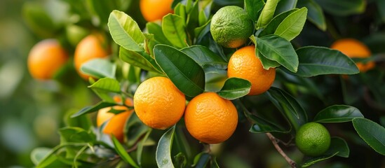 Calamansi or calamondin lime, a compact shrub with small orange fruits and green leaves, is often...