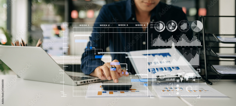 Poster businessman hand project manager working and update tasks and gantt chart scheduling virtual diagram