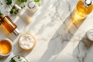 Assortment of organic skincare products beautifully arranged on marble surface in natural sunlight with greenery.