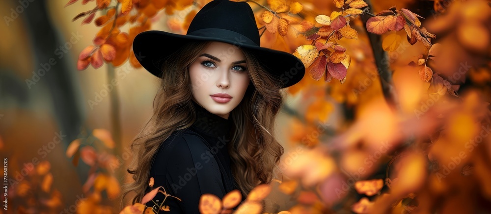 Wall mural Photograph of an attractive woman in a dark dress and black hat, posing by vibrant autumn foliage with a touch of elegance, gazing towards the camera.