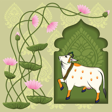 Indian traditional Rajasthani painting cow near the Lotus arch