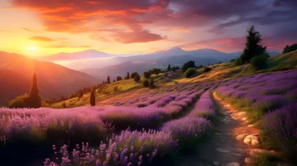 Fototapeten A sunset over a lavender field with a sunset in the background,, Lavender field background. Illustration Free Photo   © Sana Ullah