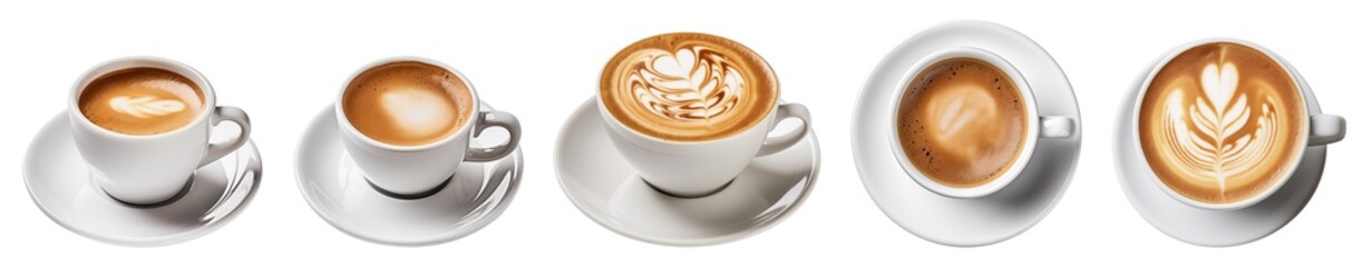 Assorted Coffees in White Ceramic Cups with Artful Foam Designs