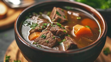 Closeup view of beef broth in a bowl - obrazy, fototapety, plakaty