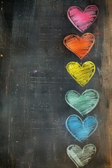 Hand-drawn colorful hearts arranged in a line on an old vintage blackboard, with space for additional text or images.