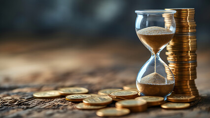 Pile of money and hourglass, time for saving concept. - obrazy, fototapety, plakaty