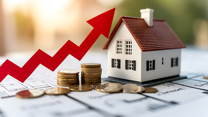 Financial concept, Miniature house and pile of coins using as property. 