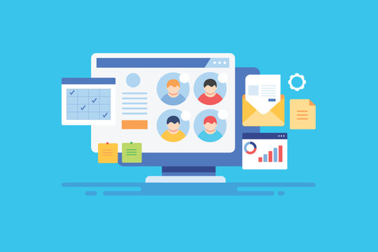 Project management software creating plan, task allocation, work schedule, monitoring progress report, productivity increase business efficiency solution technology vector illustration.