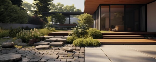 Fototapeta na wymiar Modern House Garden, Outdoor Banner. Generative AI