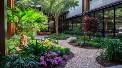 The office courtyard features a variety of plants and flowers creating a serene and inviting environment for employees to relax and socialize.