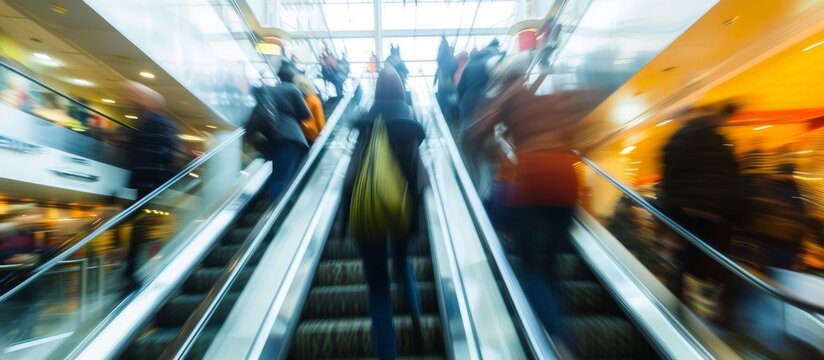 Shoppers hurriedly ascend blurred escalator in abstract setting.