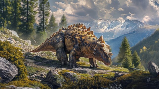 A curious ankylosaurus cautiously exploring a rocky mountain path its sy armor protecting it from any potential predators.