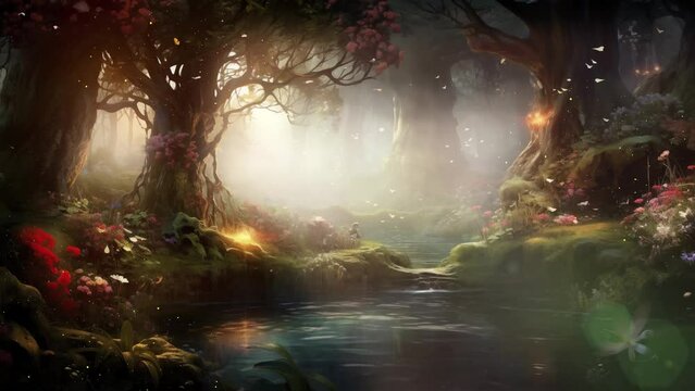 Illustration fantasy forest. fantasy inside forest background painting fantasy. seamless looping overlay 4k virtual video animation background 