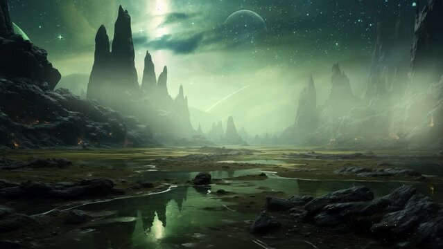 alien fantasy landscape fantasy landscape. seamless looping overlay 4k virtual video animation background 
