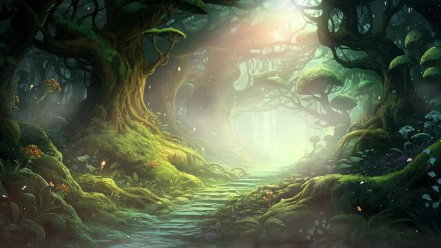 Illustration of the green forest fantasy landscape. seamless looping overlay 4k virtual video animation background 