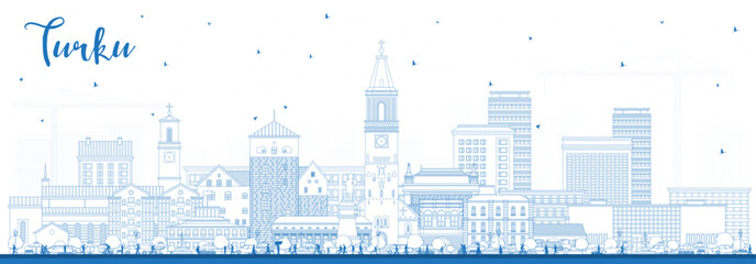 Outline Turku Finland city skyline with blue buildings. Turku cityscape with landmarks. Business travel and tourism concept with modern and historic architecture.