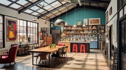 Fototapeta na wymiar Eclectic Loft Kitchen: Exposed Architectural Beauty and Creative Mix