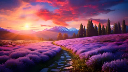Foto op Aluminium Lavender field background. Illustration Free Photo,, Field of poppies on a sunset   © Abdul