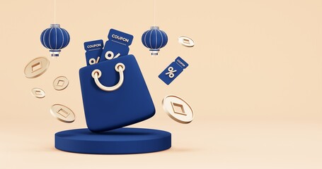 Chinese New Year celebrations, Sale Promo , Festive gift card templates with realistic 3D design elements, holiday banners, web posters, flyers, and brochures, greeting cards . 3D Rendering