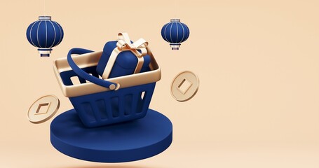 Chinese New Year celebrations, Sale Promo , Festive gift card templates with realistic 3D design elements, holiday banners, web posters, flyers, and brochures, greeting cards . 3D Rendering