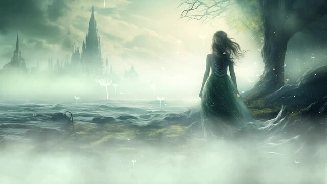 mysterious woman in a magical and strange land fantastic. seamless looping overlay 4k virtual video animation background 