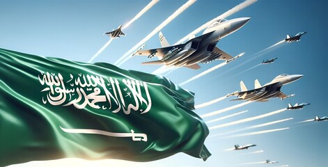 Celebration background with the saudi arabia flag waving on a sky and fighter jets. - obrazy, fototapety, plakaty