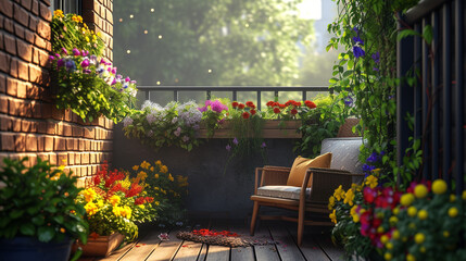 Fototapeta na wymiar A cozy balcony with colorful flowers and simple, comfortable seating