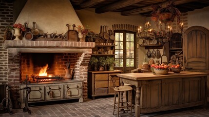 Fototapeta na wymiar Rustic Elegance: French Country Kitchen with Timeless Antique Accents
