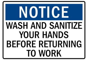 Hand sanitizer sign wash and sanitize your hands before returning to work
