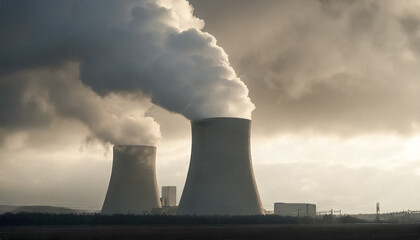 原子力発電所のタービン建屋から煙が出ている - obrazy, fototapety, plakaty