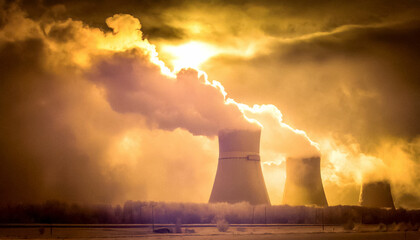 原子力発電所から煙が出ている - obrazy, fototapety, plakaty