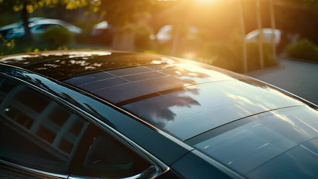 An upclose view of the solar panels installed on the roof of an electric vehicle harnessing the power of the sun to reduce the need for traditional fuel sources.