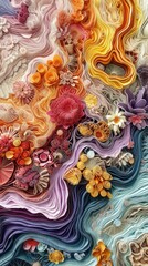 Close up of a colorful paper art with flowers. Vertical background 