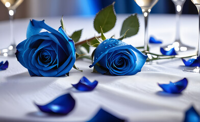 Close-up of a blue rose lying on a pristine white tablecloth, champagne cups soft focused in the background. Generative AI