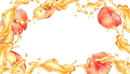 Frame of watercolor yellow splash juice and fig peach illustration isolated on white. Fruits liquid hand drawn. Design element for packaging, menu, label, drink, ice-cream, tableware