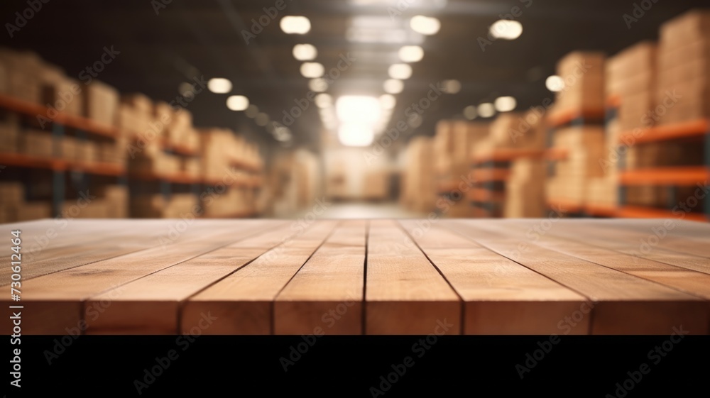 Poster the empty wooden table top with blur background of a large warehouse. exuberant image. generative ai