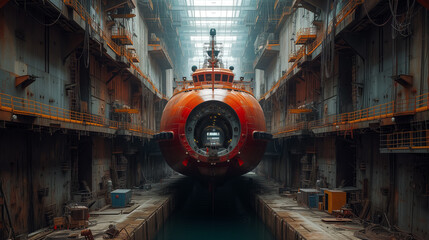 A striking red ship secured in a dry dock, surrounded by the industrial setup for maintenance, under moody atmospheric lighting.