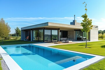 Fototapeta premium modern architecture design: a model of a contemporary creative single-family house with tall windows and concrete optic in the countryside with a huge clear swimming pool