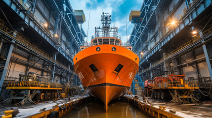 A striking red ship secured in a dry dock, surrounded by the industrial setup for maintenance, under moody atmospheric lighting. - obrazy, fototapety, plakaty